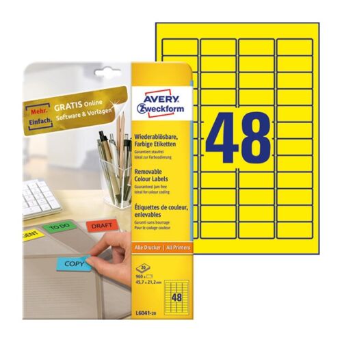 Etikett AVERY L6041-20 45,7x21,2mm univerzális sárga 960 címke/doboz 20 ív/doboz